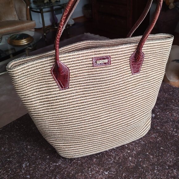 Eric Javits Raffia Beige Weaved Tote Shoulder Bag Croc Embossed Leather Trim - Picture 3 of 9